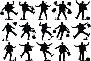 Businessman silhouette, briefcase motion pose, dynamic walking figure, black icon design, professional action sequence, isolated corporate character illustration