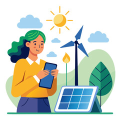 Woman with green hair using smartphone near solar panel and wind turbine