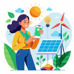 Woman with phone and lightbulb near solar and wind energy