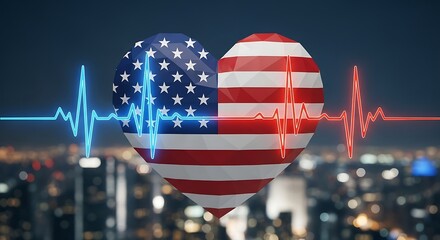 American flag heartbeat pulse over cityscape at night