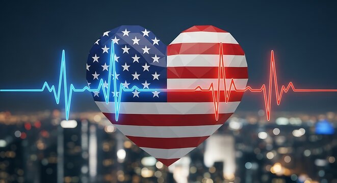 American flag heartbeat pulse over cityscape at night