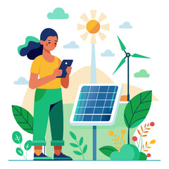 Woman with phone near solar panel and wind turbine