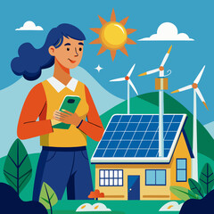 Woman with phone in front of house with solar and wind energy