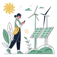 Woman with phone near solar panels and wind turbines in nature