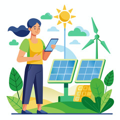 Woman with smartphone and multiple solar panels Keywords: woman, smartphone, solar panels, wind