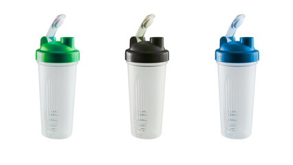 A set of three reusable plastic shaker bottles with green, black, and blue on transparent background.