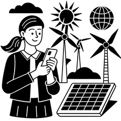 Woman With Smartphone And Renewable Energy Icons Keywords: renewable energy, solar power, wind