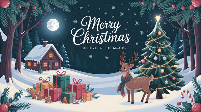 Starry Night Reindeer and Decorated Fir Tree by Cabin