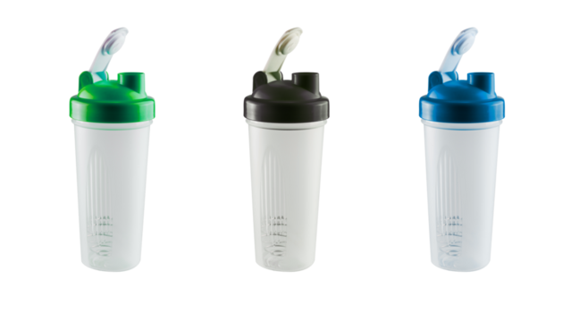 A set of three reusable plastic shaker bottles with green, black, and blue on transparent background. - Powered by Adobe