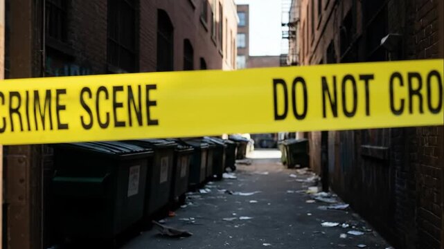 Crime scene do not cross tape across a dirty urban alley with dumpsters and brick buildings for forensic investigation