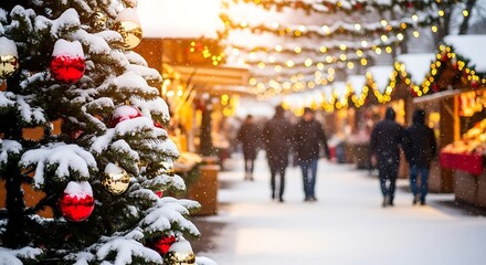 Snow covered christmas tree and festive market stalls with glowing lights