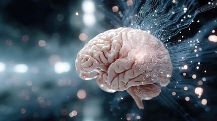 Detailed 3D rendering of  human brain with glowing neural network connections abstract bokeh lights in background