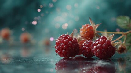 Close up of ripe red raspberries with green leaves on  wet surface soft bokeh background