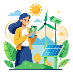 Woman with smartphone near solar panel and wind turbines in mountains