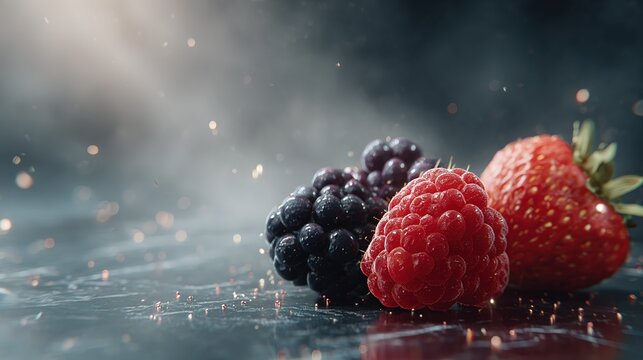 close up view of fresh strawberries raspberries and blackberries glistening with water droplets against  dark textured background with sparkling lights