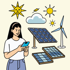 Woman with smartphone near solar panels and wind turbine