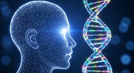 Digital human head profile next to illuminated dna helix