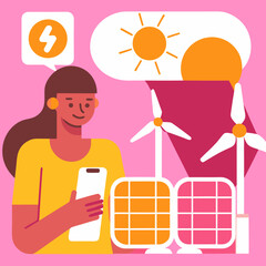 Woman with smartphone near solar panels and wind turbines 1
