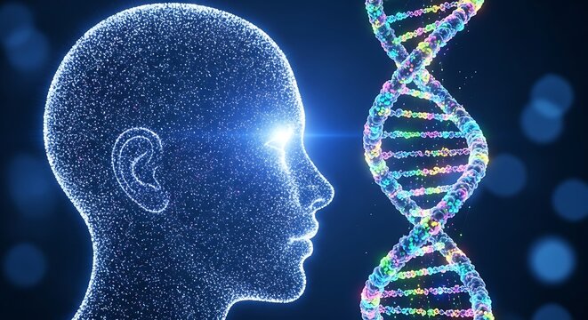 Digital human head profile next to illuminated dna helix - Powered by Adobe