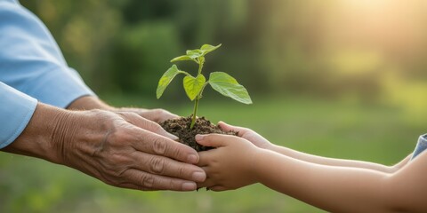 Elderly hands and child hands holding a small plant seedling together outdoors