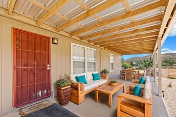 There is a cozy porch equipped with a couch, chairs, and a table