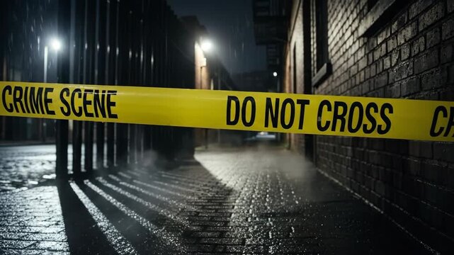 Yellow crime scene tape in dark, wet alley blocking access for forensic investigation and criminal evidence processing.