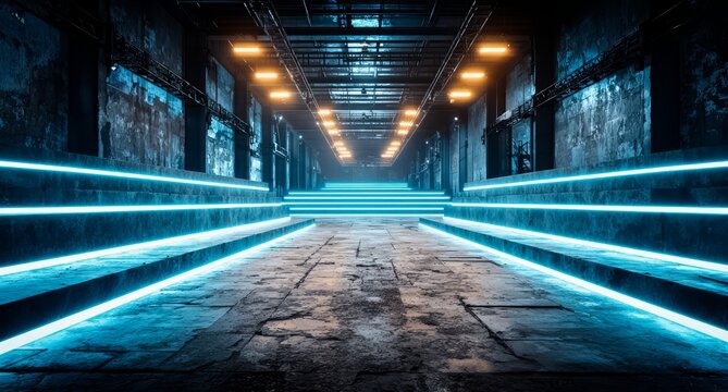 Long, narrow hallway with blue lights illuminating the space. The floor is made of gray stone. The hallway is empty