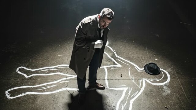 A man detective investigating crime scene in spotlight looking at body chalk outline evidence and fedora hat. Investigation and criminology concept.