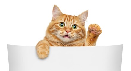 A cute ginger cat peeking over a blank white banner with its paw raised in a friendly wave, isolated on a white background for your text