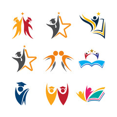Set of Colorful Education Icons Featuring Graduation Caps, Books, Stars and Human Figures
