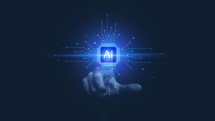 Hand reaching toward a glowing blue AI chip with circuit lines extending outward, symbolizing artificial intelligence activation, advanced technology, digital systems, and futuristic innovation.