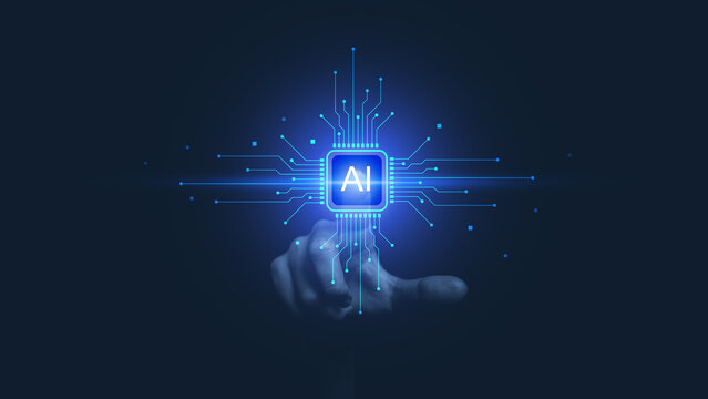 Hand reaching toward a glowing blue AI chip with circuit lines extending outward, symbolizing artificial intelligence activation, advanced technology, digital systems, and futuristic innovation.