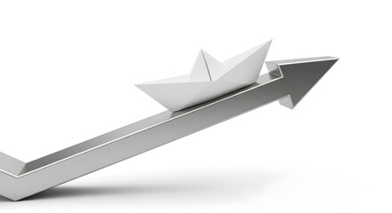 Navigating Growth: A symbolic paper boat embarks on an upward journey, gracefully sailing atop a rising arrow, representing progress and ambition.