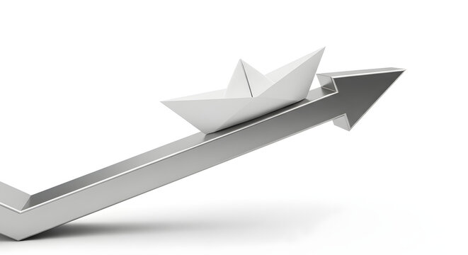 Navigating Growth: A symbolic paper boat embarks on an upward journey, gracefully sailing atop a rising arrow, representing progress and ambition.