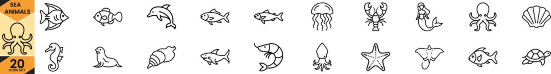 Ocean creatures icon set with fish, octopus, dolphin, seahorse, and other diverse marine life in line art style. Vector