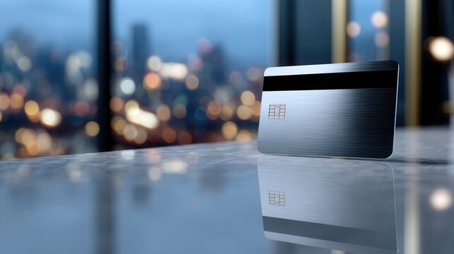 A sleek credit card rests on a polished table, reflecting city lights in the background, evoking a sense of luxury and modern finance.