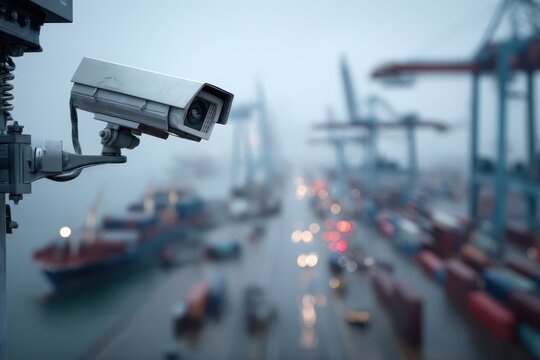 Security camera mounted above a busy port with cranes in the background, capturing moving container ships and blurred lights. The atmosphere appears foggy, with a distinct industrial theme