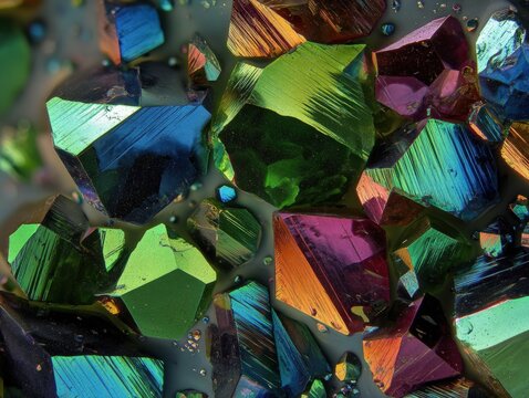 Colorful, geometric crystals in various shades of green, blue, orange, and purple, with light reflecting off their faces. Textures and edges are sharp and highly detailed - Powered by Adobe