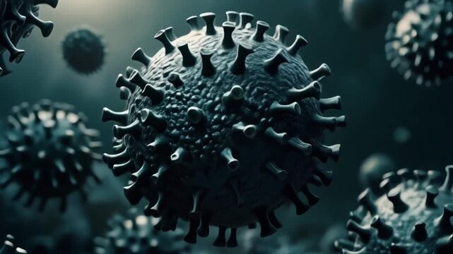 Microscopic view of multiple dark grey virus particles with spiky surfaces, resembling coronaviruses, in a scientific or medical context.