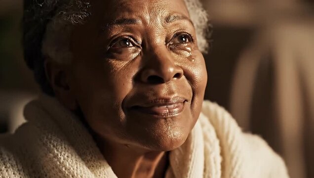 Close Up Portrait Of Senior Woman With Gold Glitter Tears Wearing Cream Robe Warm Lighting