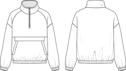 Oversized half zip sweatshirt technical fashion illustration, vector flat sketch with stand collar and pouch pocket front and back view. © Vector Sifat