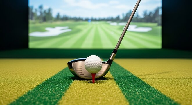 Golf club and ball ready to swing on indoor simulator screen