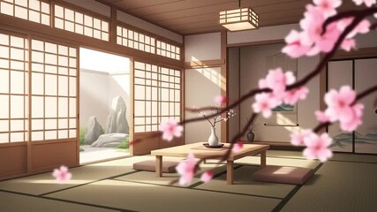 Zen Japanese Room with Cherry Blossoms A Peaceful Harmony - Powered by Adobe