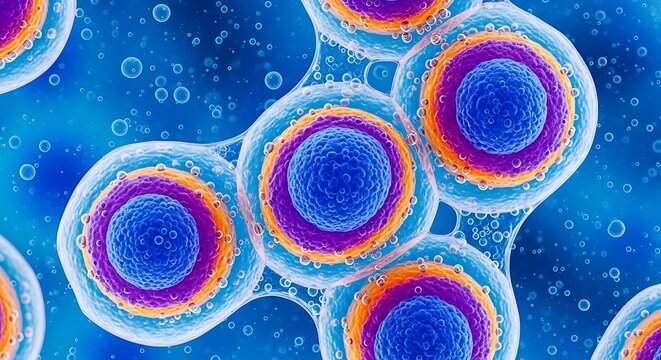 Microscopic view of colorful biological cells in a cluster