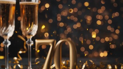 Elegant champagne glasses with golden “70” decor celebrate a sparkling milestone anniversary or birthday amid festive bokeh lights.