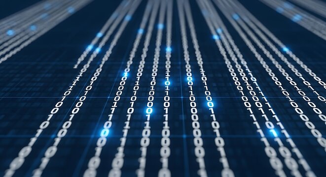 Abstract digital binary code streams flowing into the future