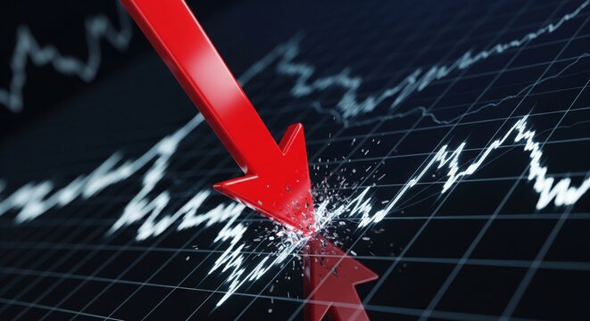 Red Arrow Crashing Down on Stock Market Graph. financial concept shot. red arrow is crashing downwards through a digital stock market graph grid. Represents economic crisis, recession, market crash