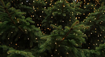 Close up of a christmas tree with string lights creating a festive and warm atmosphere