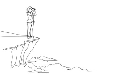 Woman on Cliff Edge Looking with Binoculars A Continuous Line Art Adventure