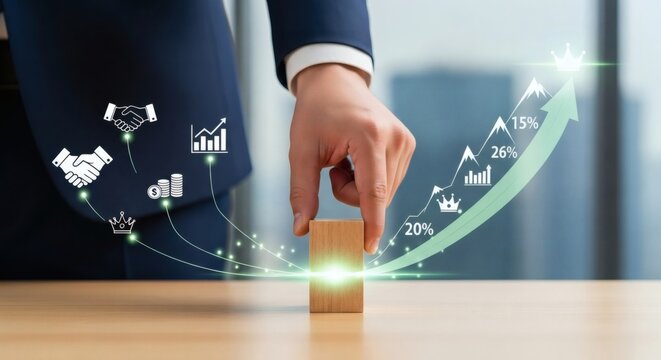 Business growth strategy – hand guiding upward success arrow